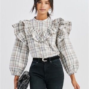 Something Navy plaid ruffle blouse